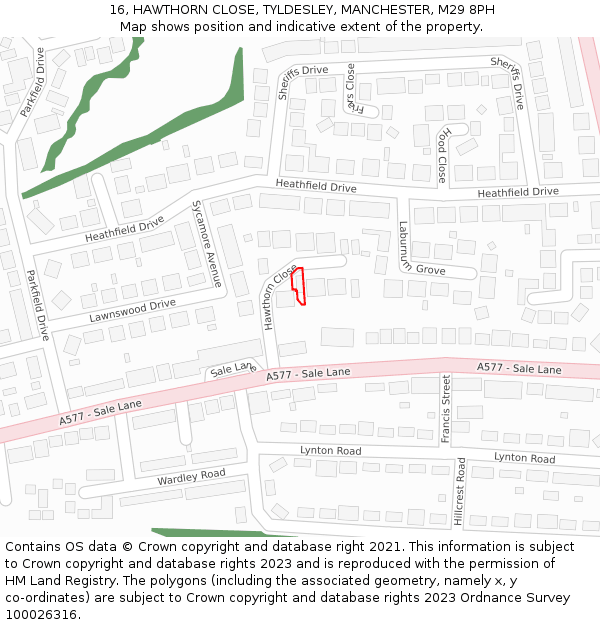 16, HAWTHORN CLOSE, TYLDESLEY, MANCHESTER, M29 8PH: Location map and indicative extent of plot