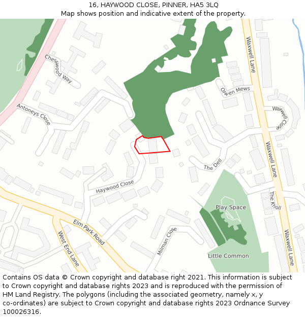 16, HAYWOOD CLOSE, PINNER, HA5 3LQ: Location map and indicative extent of plot