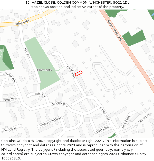 16, HAZEL CLOSE, COLDEN COMMON, WINCHESTER, SO21 1DL: Location map and indicative extent of plot