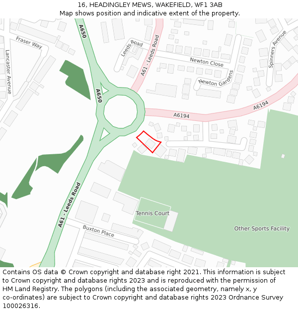 16, HEADINGLEY MEWS, WAKEFIELD, WF1 3AB: Location map and indicative extent of plot