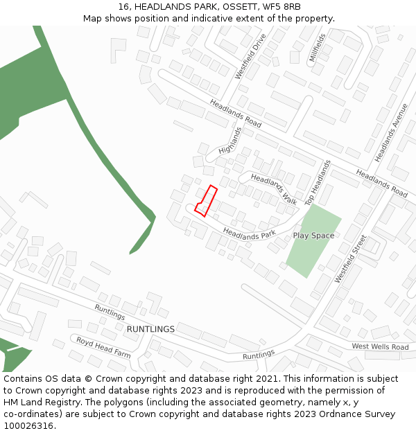 16, HEADLANDS PARK, OSSETT, WF5 8RB: Location map and indicative extent of plot