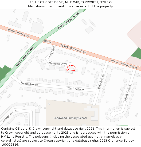 16, HEATHCOTE DRIVE, MILE OAK, TAMWORTH, B78 3PY: Location map and indicative extent of plot