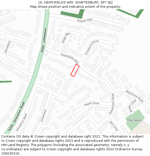 16, HEATHFIELDS WAY, SHAFTESBURY, SP7 9JZ: Location map and indicative extent of plot