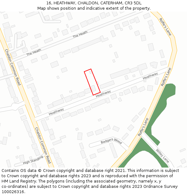 16, HEATHWAY, CHALDON, CATERHAM, CR3 5DL: Location map and indicative extent of plot