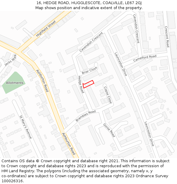 16, HEDGE ROAD, HUGGLESCOTE, COALVILLE, LE67 2GJ: Location map and indicative extent of plot