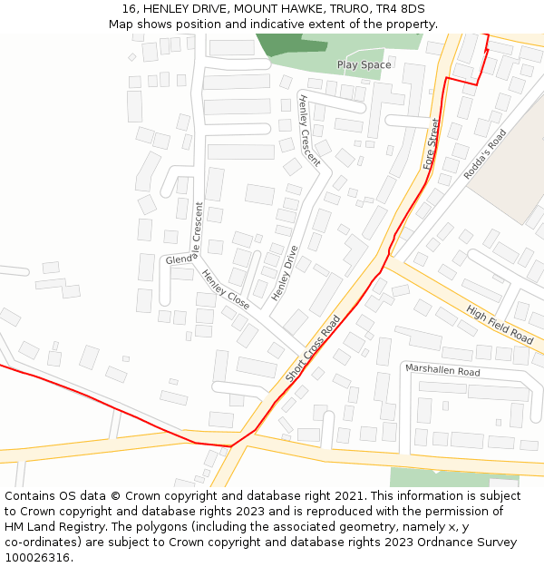 16, HENLEY DRIVE, MOUNT HAWKE, TRURO, TR4 8DS: Location map and indicative extent of plot