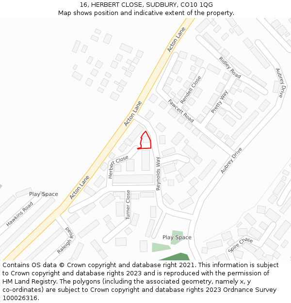 16, HERBERT CLOSE, SUDBURY, CO10 1QG: Location map and indicative extent of plot