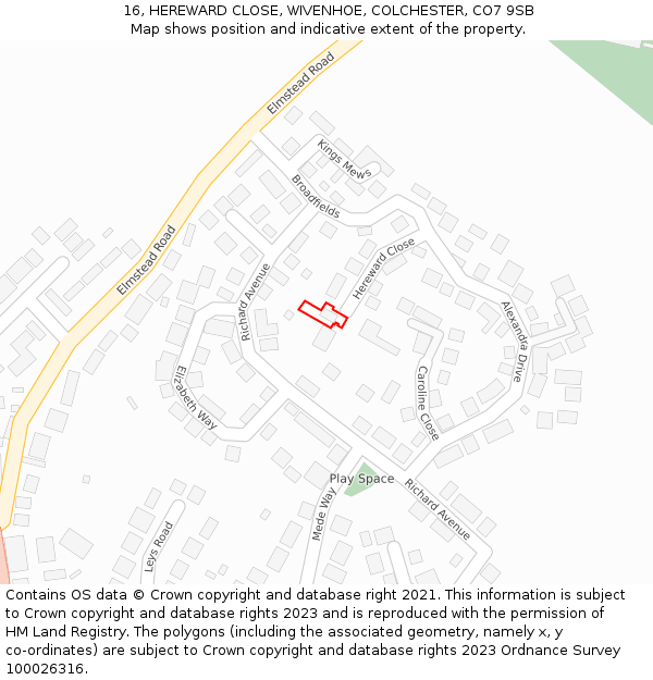 16, HEREWARD CLOSE, WIVENHOE, COLCHESTER, CO7 9SB: Location map and indicative extent of plot