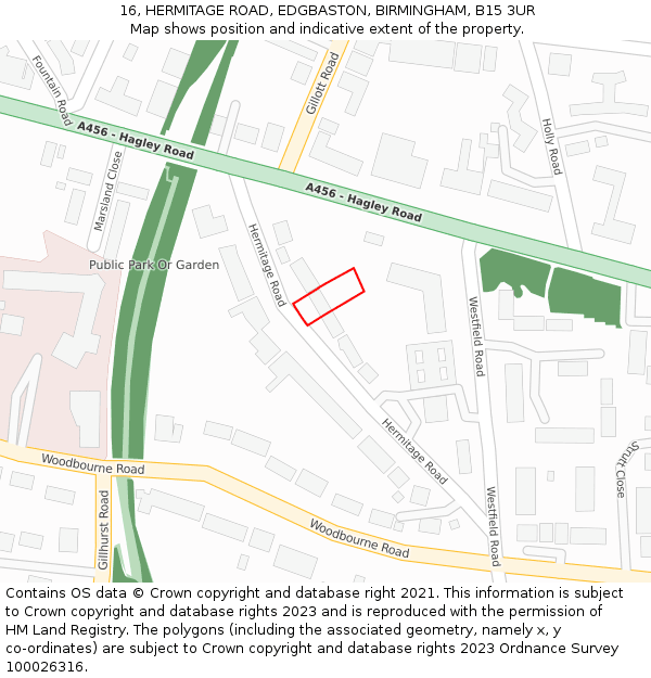 16, HERMITAGE ROAD, EDGBASTON, BIRMINGHAM, B15 3UR: Location map and indicative extent of plot