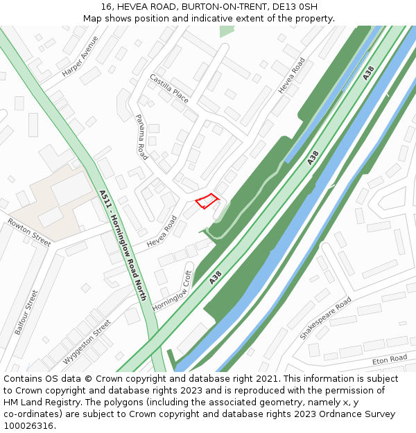 16, HEVEA ROAD, BURTON-ON-TRENT, DE13 0SH: Location map and indicative extent of plot