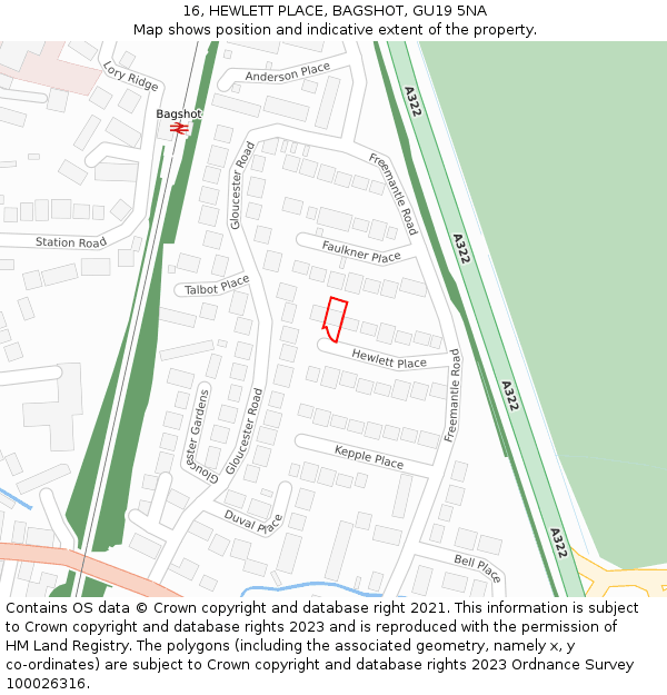 16, HEWLETT PLACE, BAGSHOT, GU19 5NA: Location map and indicative extent of plot