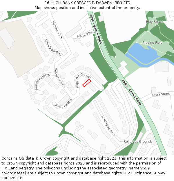 16, HIGH BANK CRESCENT, DARWEN, BB3 2TD: Location map and indicative extent of plot