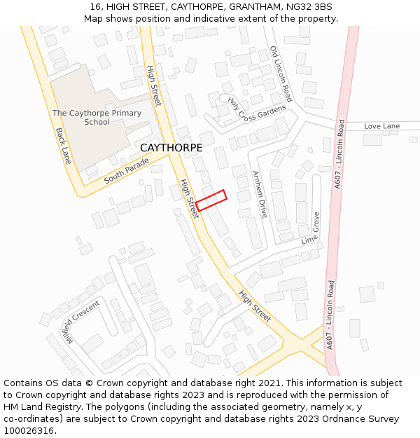 16, HIGH STREET, CAYTHORPE, GRANTHAM, NG32 3BS: Location map and indicative extent of plot