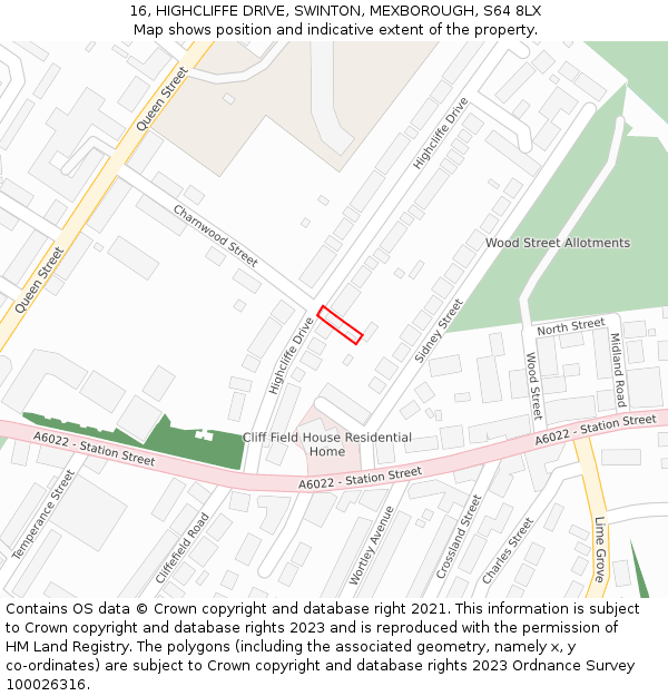 16, HIGHCLIFFE DRIVE, SWINTON, MEXBOROUGH, S64 8LX: Location map and indicative extent of plot