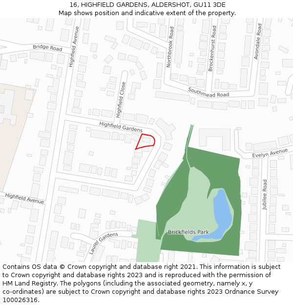 16, HIGHFIELD GARDENS, ALDERSHOT, GU11 3DE: Location map and indicative extent of plot