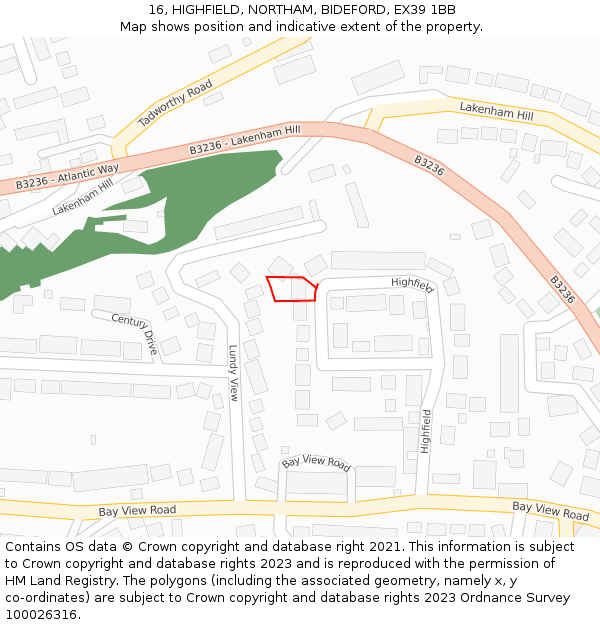 16, HIGHFIELD, NORTHAM, BIDEFORD, EX39 1BB: Location map and indicative extent of plot