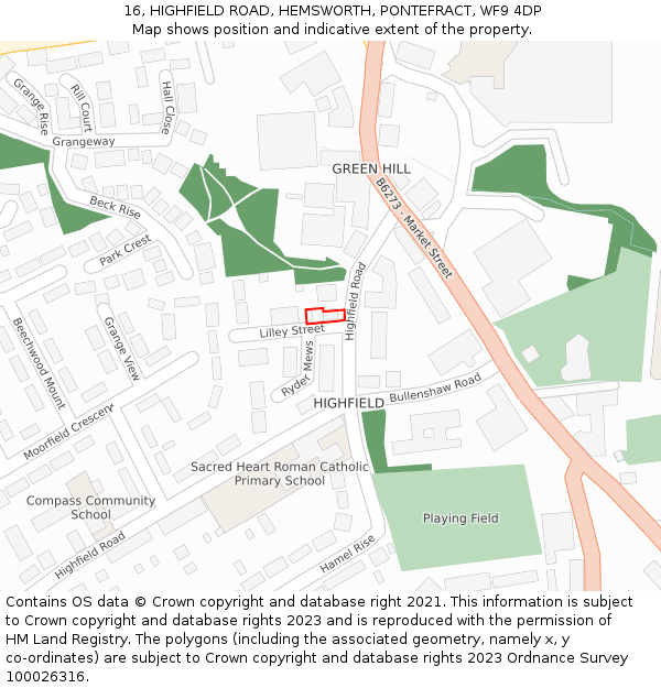 16, HIGHFIELD ROAD, HEMSWORTH, PONTEFRACT, WF9 4DP: Location map and indicative extent of plot