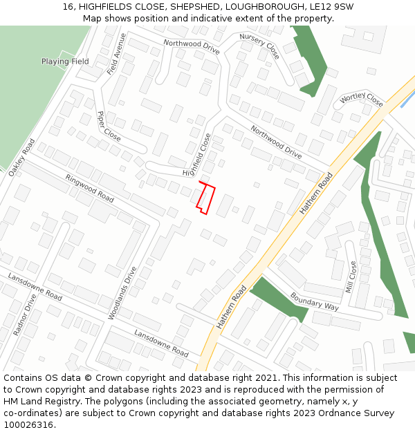 16, HIGHFIELDS CLOSE, SHEPSHED, LOUGHBOROUGH, LE12 9SW: Location map and indicative extent of plot