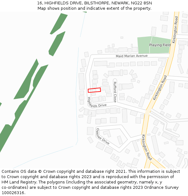 16, HIGHFIELDS DRIVE, BILSTHORPE, NEWARK, NG22 8SN: Location map and indicative extent of plot