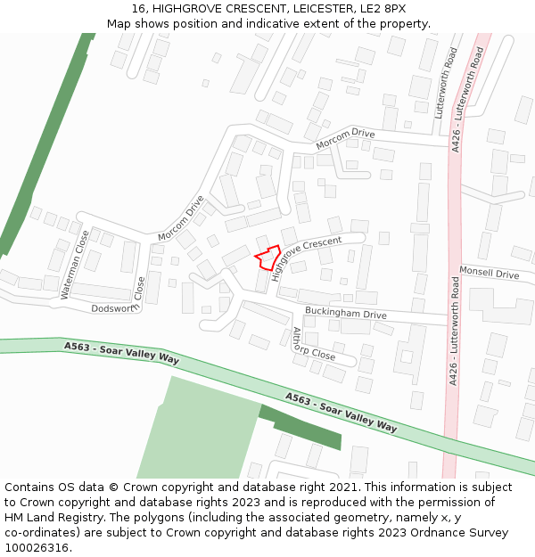 16, HIGHGROVE CRESCENT, LEICESTER, LE2 8PX: Location map and indicative extent of plot