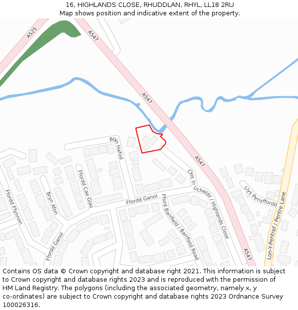 16, HIGHLANDS CLOSE, RHUDDLAN, RHYL, LL18 2RU: Location map and indicative extent of plot