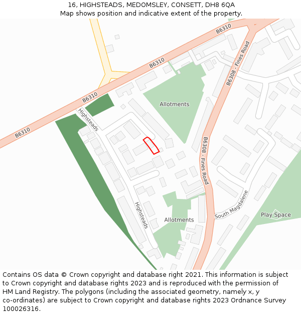 16, HIGHSTEADS, MEDOMSLEY, CONSETT, DH8 6QA: Location map and indicative extent of plot