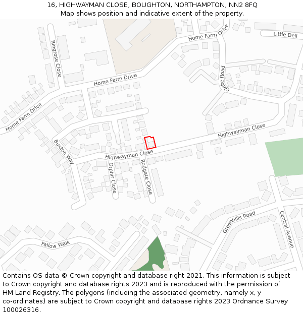 16, HIGHWAYMAN CLOSE, BOUGHTON, NORTHAMPTON, NN2 8FQ: Location map and indicative extent of plot