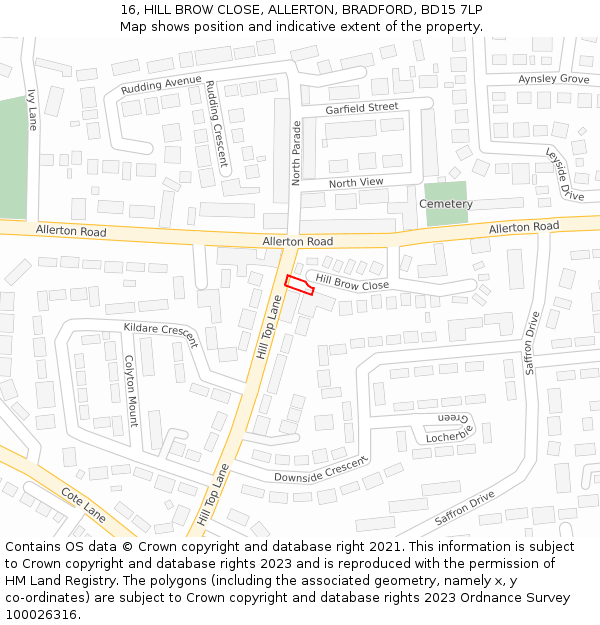 16, HILL BROW CLOSE, ALLERTON, BRADFORD, BD15 7LP: Location map and indicative extent of plot