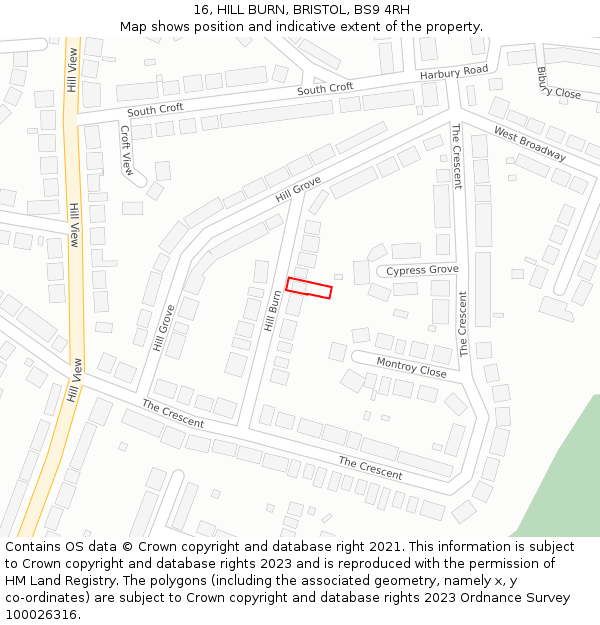 16, HILL BURN, BRISTOL, BS9 4RH: Location map and indicative extent of plot