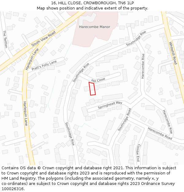 16, HILL CLOSE, CROWBOROUGH, TN6 1LP: Location map and indicative extent of plot