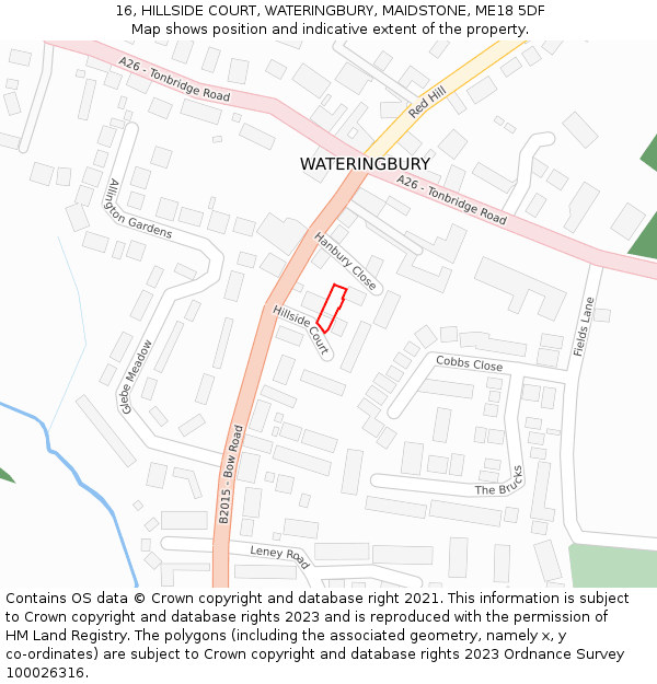 16, HILLSIDE COURT, WATERINGBURY, MAIDSTONE, ME18 5DF: Location map and indicative extent of plot