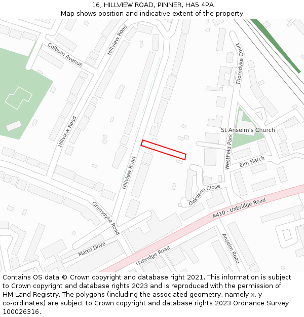 16, HILLVIEW ROAD, PINNER, HA5 4PA: Location map and indicative extent of plot