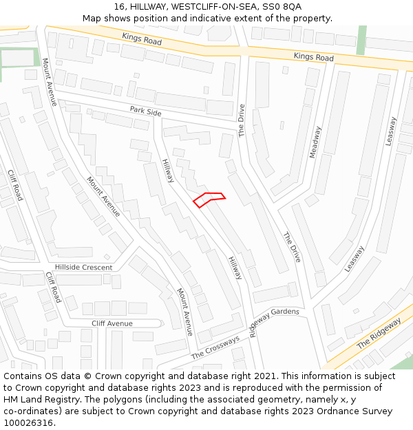 16, HILLWAY, WESTCLIFF-ON-SEA, SS0 8QA: Location map and indicative extent of plot