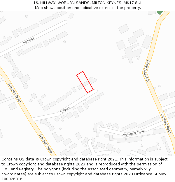 16, HILLWAY, WOBURN SANDS, MILTON KEYNES, MK17 8UL: Location map and indicative extent of plot