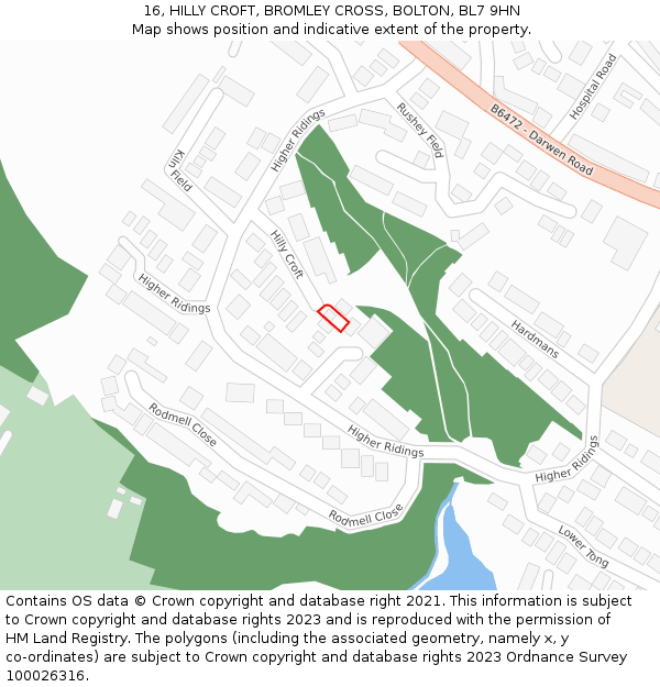 16, HILLY CROFT, BROMLEY CROSS, BOLTON, BL7 9HN: Location map and indicative extent of plot