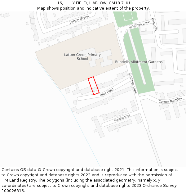 16, HILLY FIELD, HARLOW, CM18 7HU: Location map and indicative extent of plot