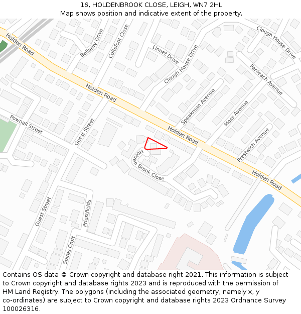 16, HOLDENBROOK CLOSE, LEIGH, WN7 2HL: Location map and indicative extent of plot