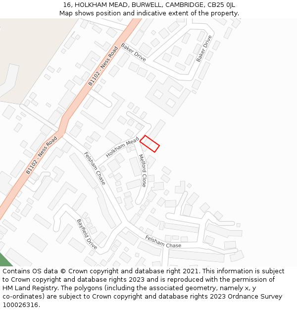 16, HOLKHAM MEAD, BURWELL, CAMBRIDGE, CB25 0JL: Location map and indicative extent of plot