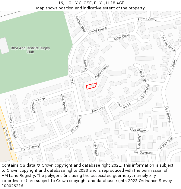 16, HOLLY CLOSE, RHYL, LL18 4GF: Location map and indicative extent of plot