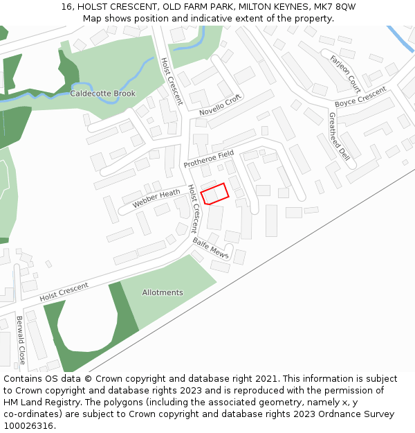 16, HOLST CRESCENT, OLD FARM PARK, MILTON KEYNES, MK7 8QW: Location map and indicative extent of plot