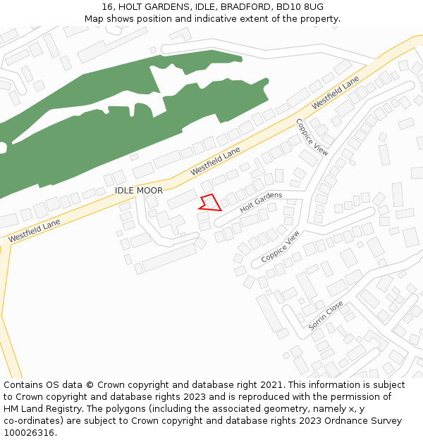 16, HOLT GARDENS, IDLE, BRADFORD, BD10 8UG: Location map and indicative extent of plot