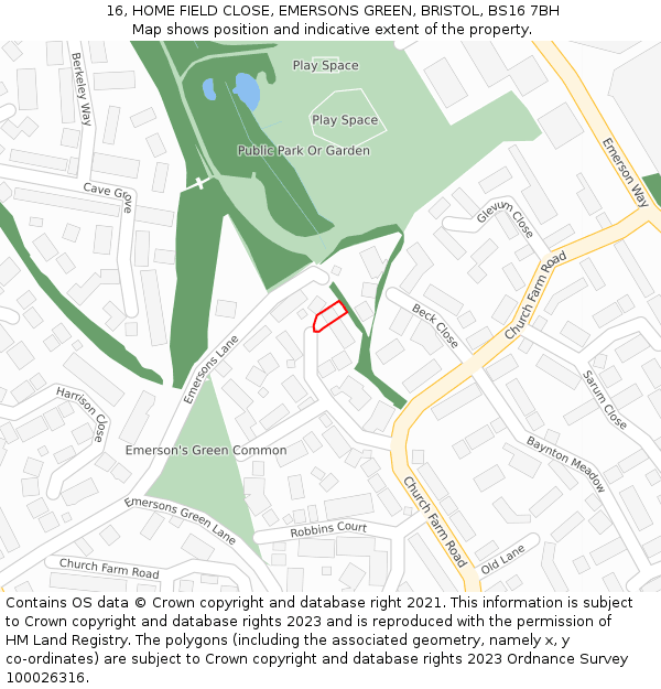 16, HOME FIELD CLOSE, EMERSONS GREEN, BRISTOL, BS16 7BH: Location map and indicative extent of plot