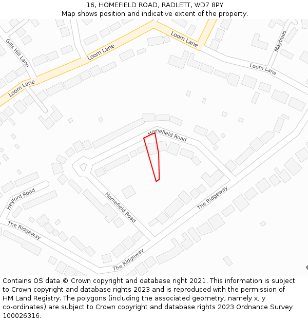 16, HOMEFIELD ROAD, RADLETT, WD7 8PY: Location map and indicative extent of plot