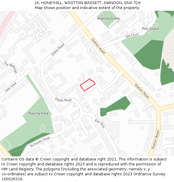 16, HONEYHILL, WOOTTON BASSETT, SWINDON, SN4 7DX: Location map and indicative extent of plot