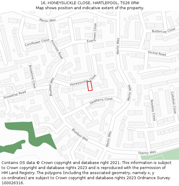 16, HONEYSUCKLE CLOSE, HARTLEPOOL, TS26 0RW: Location map and indicative extent of plot