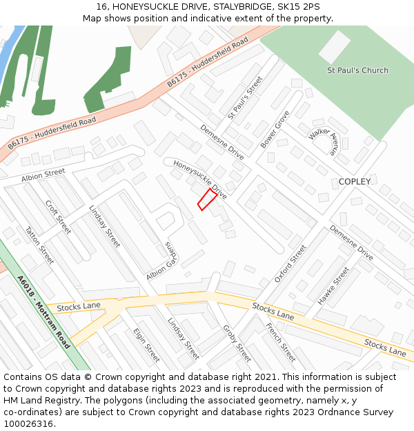 16, HONEYSUCKLE DRIVE, STALYBRIDGE, SK15 2PS: Location map and indicative extent of plot