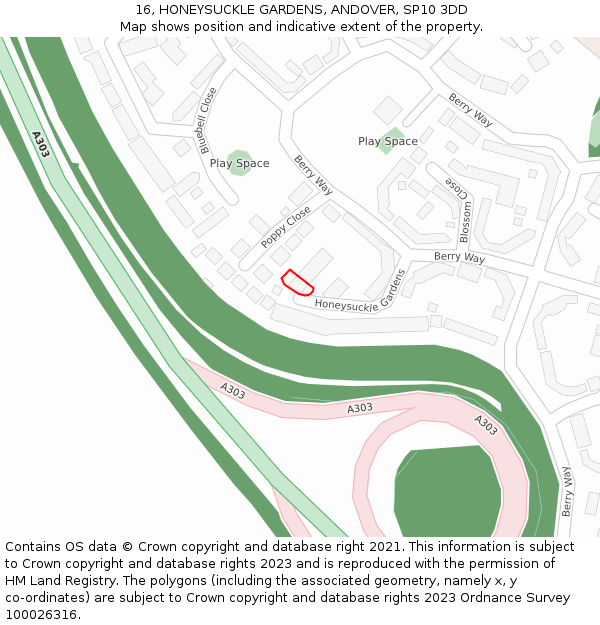 16, HONEYSUCKLE GARDENS, ANDOVER, SP10 3DD: Location map and indicative extent of plot