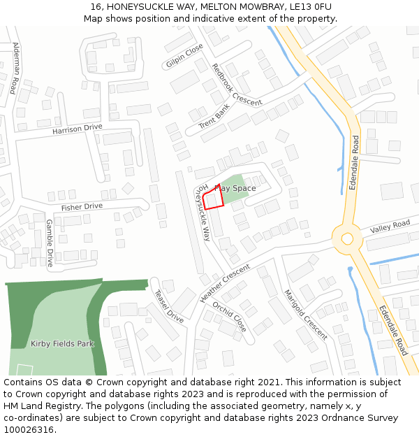 16, HONEYSUCKLE WAY, MELTON MOWBRAY, LE13 0FU: Location map and indicative extent of plot