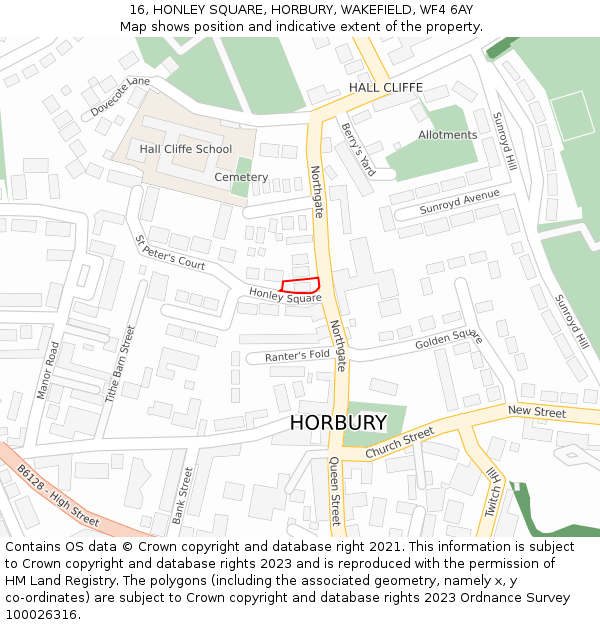 16, HONLEY SQUARE, HORBURY, WAKEFIELD, WF4 6AY: Location map and indicative extent of plot