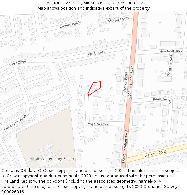 16, HOPE AVENUE, MICKLEOVER, DERBY, DE3 0FZ: Location map and indicative extent of plot